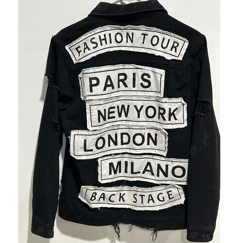 Black Distressed Ripped Denim Jacket Small Fashion Tour Streetwear Grunge Punk
